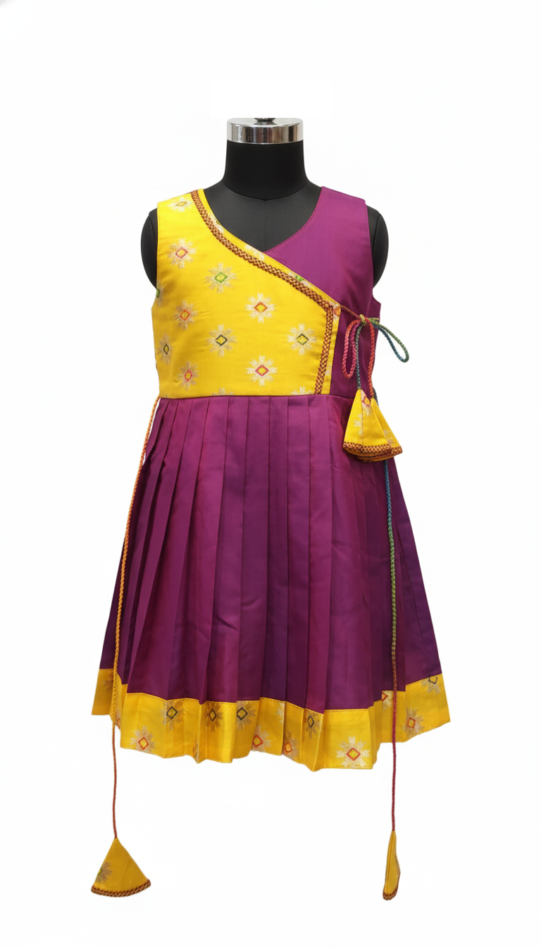 Regal Purple & Mustard Yellow Pure Silk Angrakha Pleated Dress