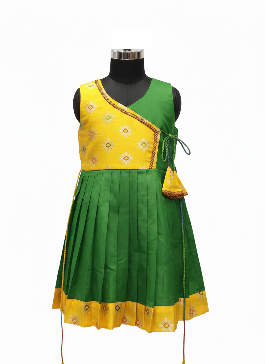Vibrant Green & Yellow Pure Silk Angrakha Style Pleated Frock