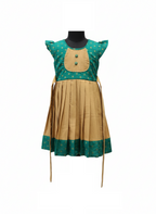 Elegant Teal Green and Gold Beige Pure Silk Pleated Kids Frock