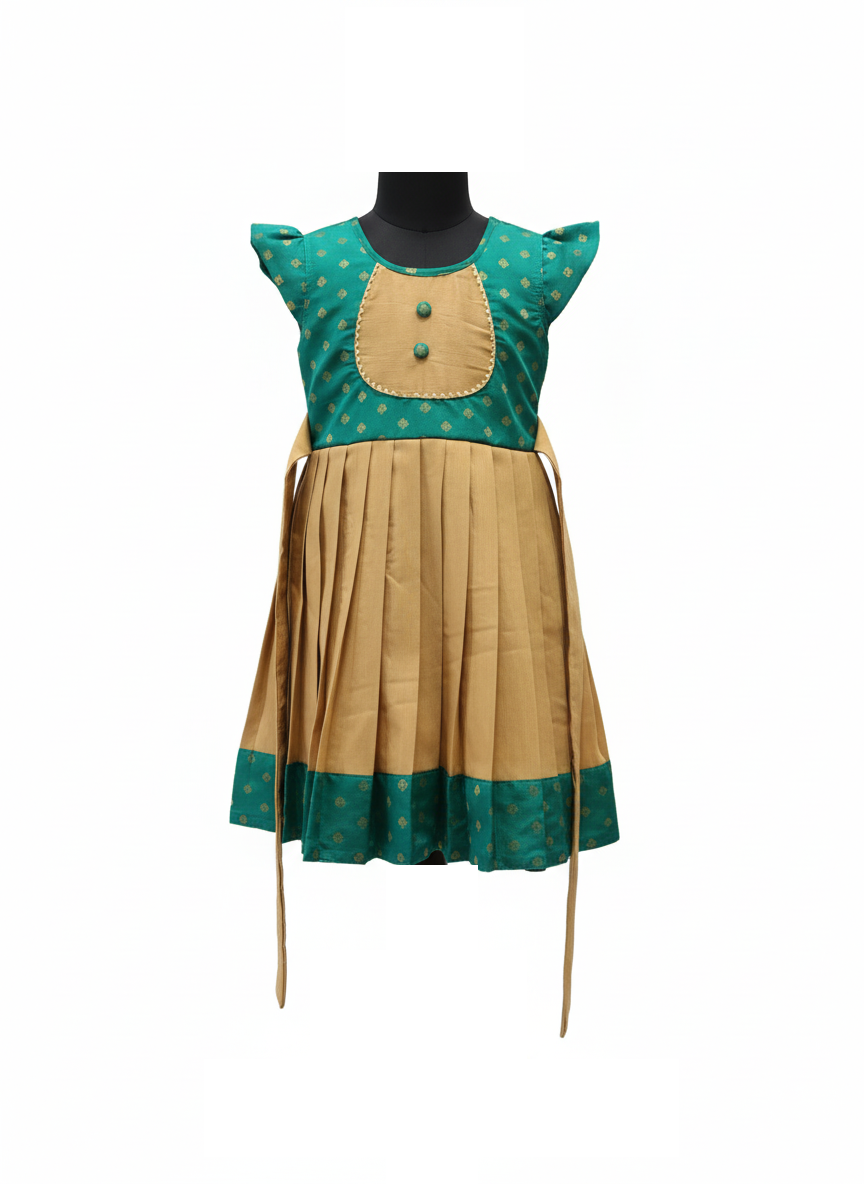 Elegant Teal Green and Gold Beige Pure Silk Pleated Kids Frock