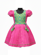 Vibrant Rani Pink Pure Silk Frock with Green Brocade Yoke and Gold Butta