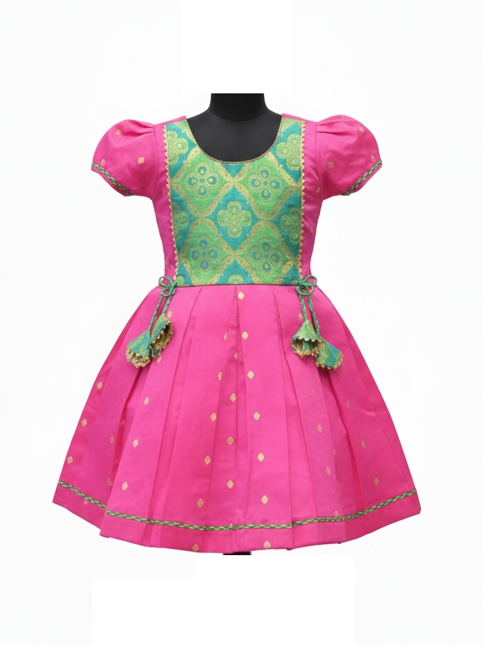 Vibrant Rani Pink Pure Silk Frock with Green Brocade Yoke and Gold Butta