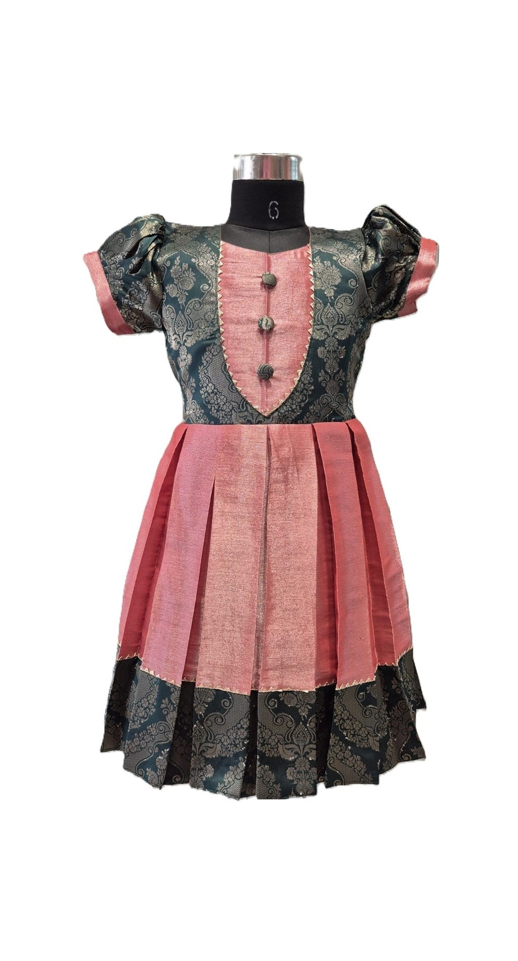Luxury Brocade and Pink Dupion Silk Pleated Frock for Kids