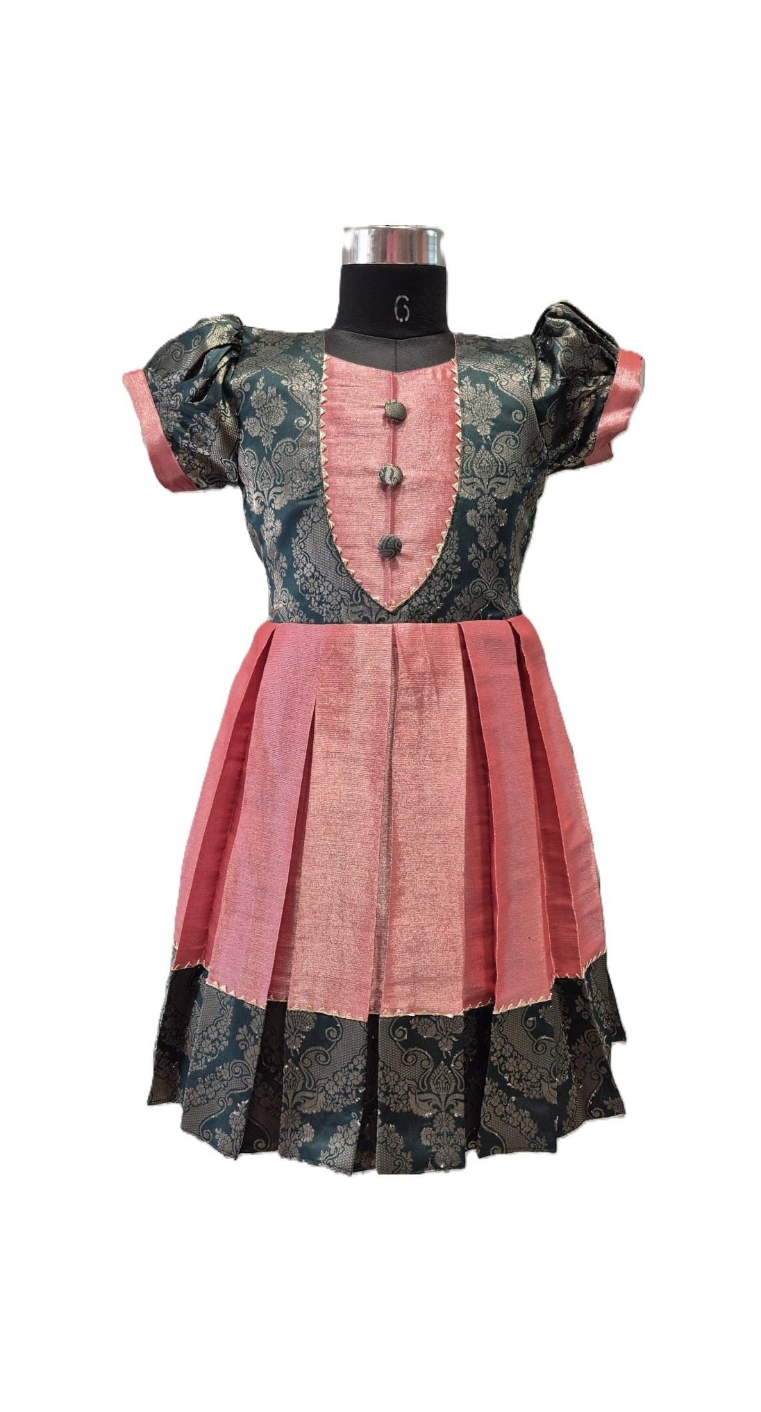 Luxury Brocade and Pink Dupion Silk Pleated Frock for Kids