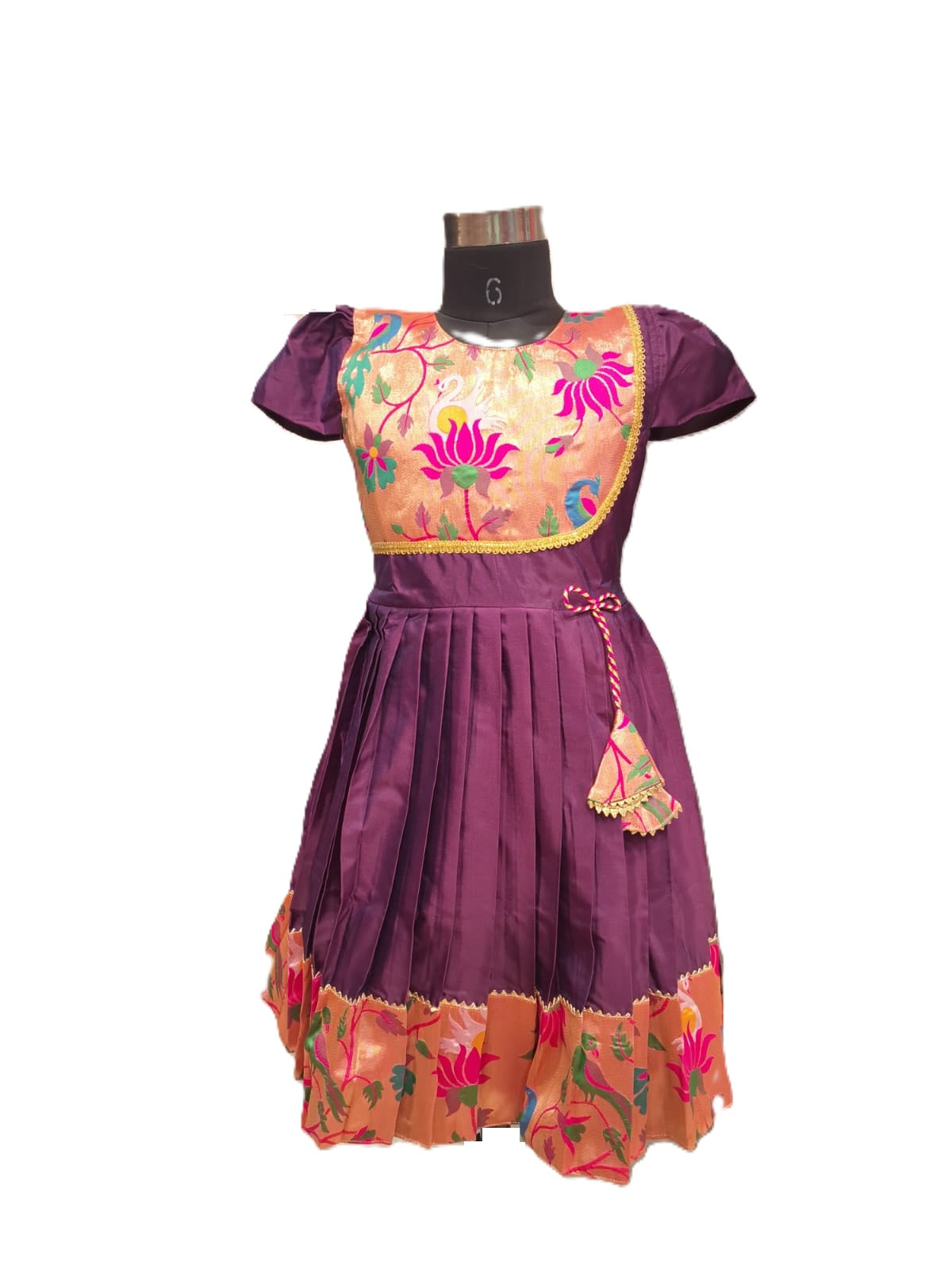 Regal Purple Silk Frock with Multicolored Paithani Style Floral Yoke