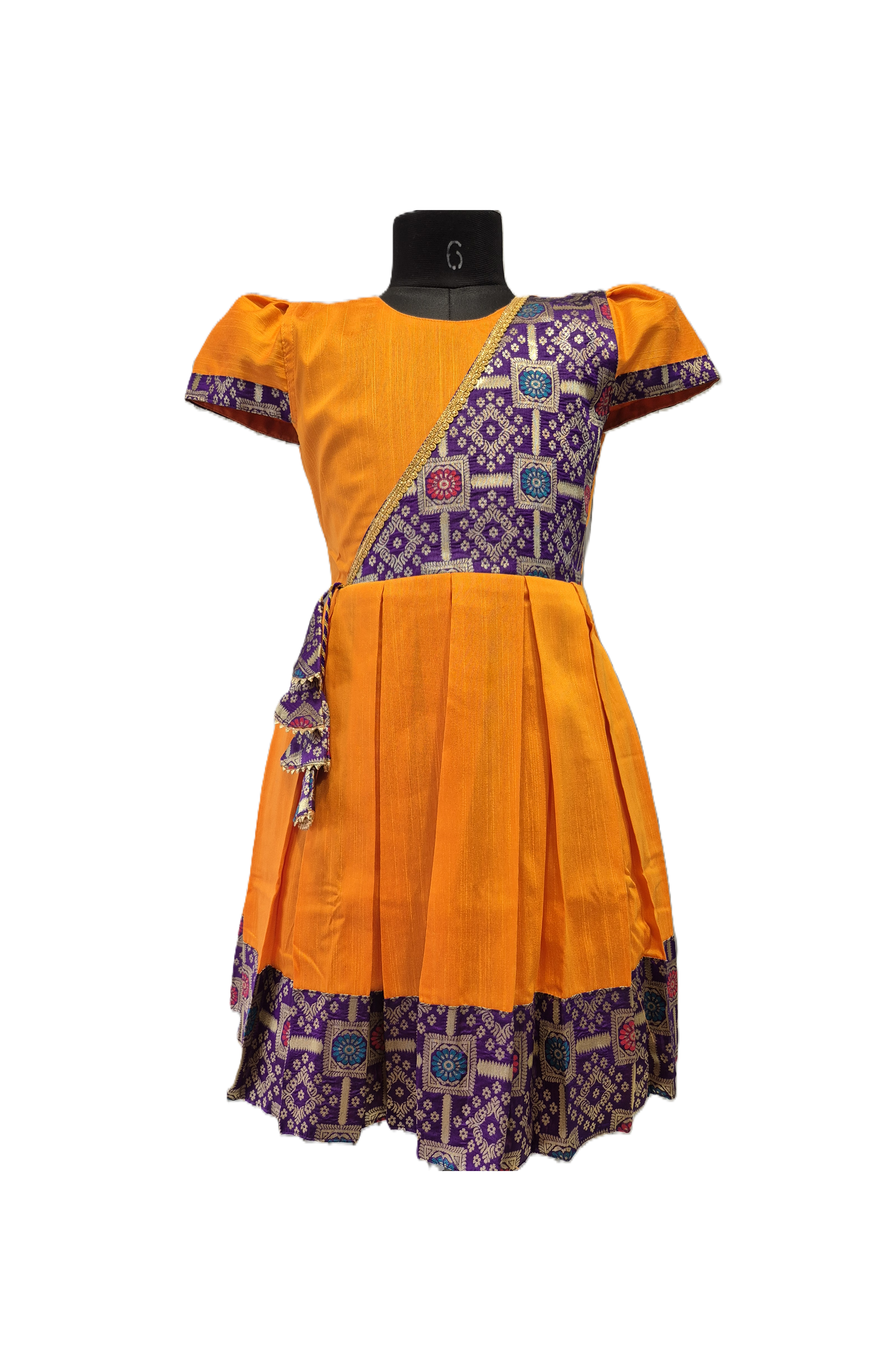 Bright Orange and Purple Silk Angrakha Style Frock with Brocade Pattern