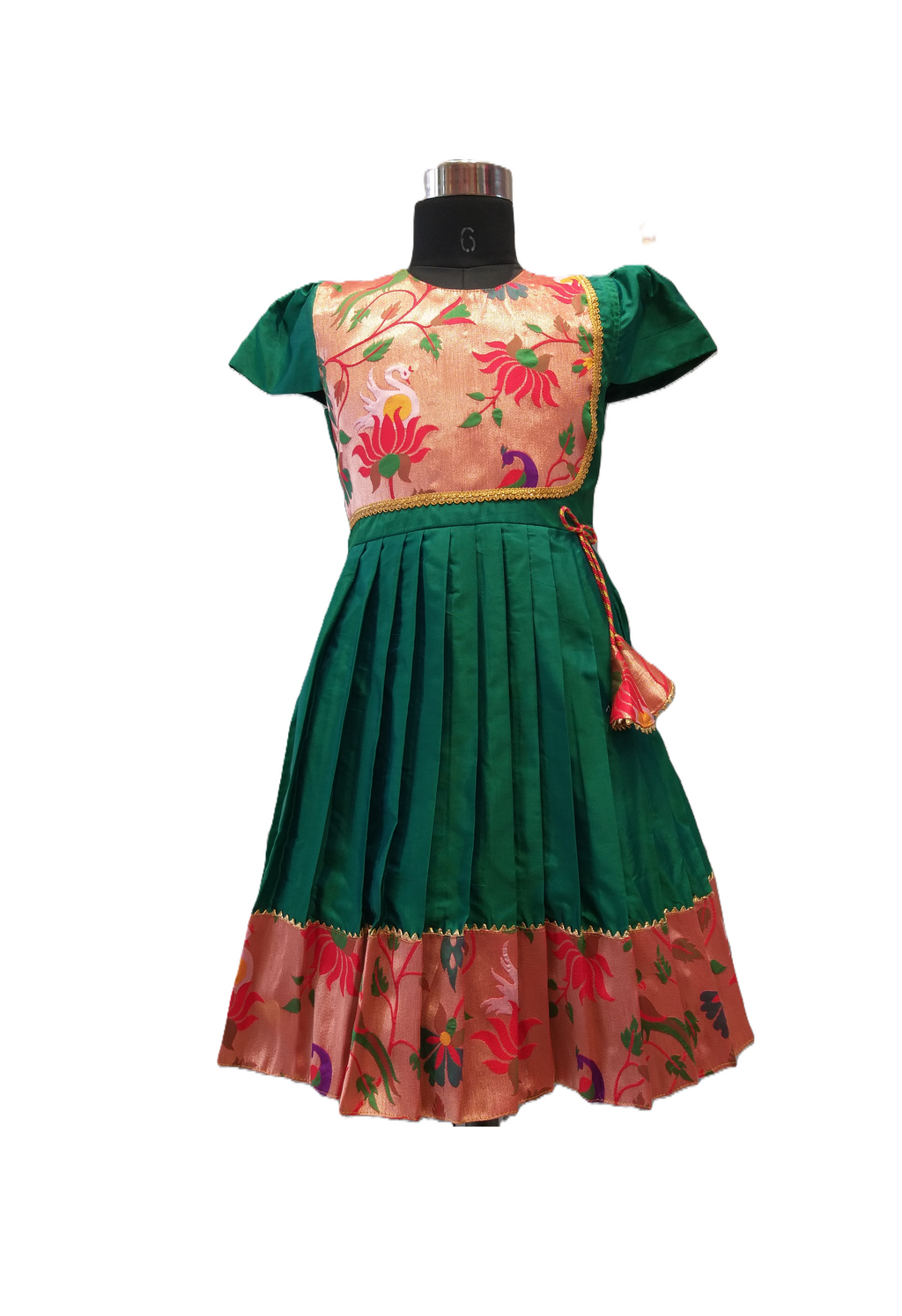 Royal Green Silk Frock with Paithani-Style Zari Woven Yoke and Border