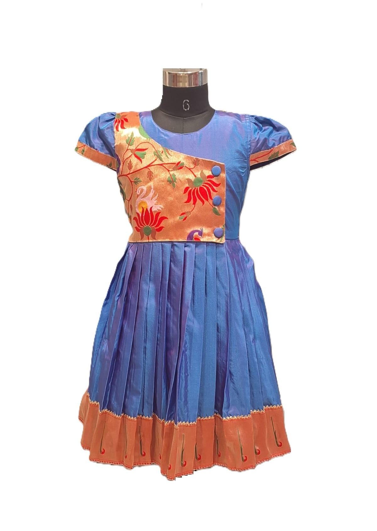 Elegant Designer Blue Silk Dress with Contrast Floral Panel