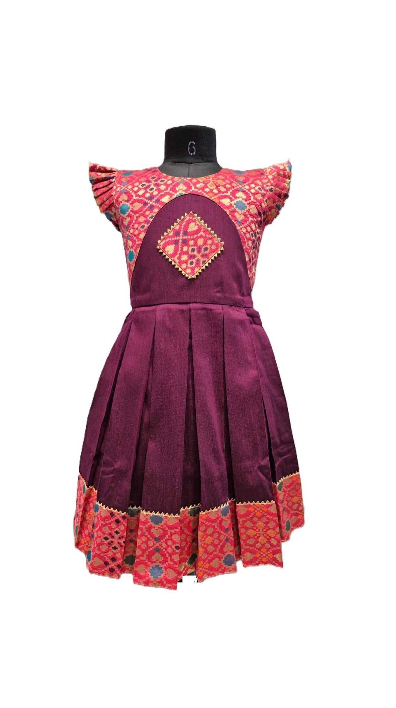 Royal Wine Silk Pleated Frock with Ethnic Yoke Design