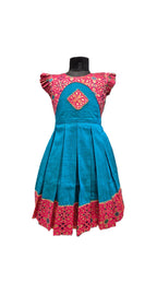 Teal and Pink Silk Pleated Frock with Patola-Style Yoke
