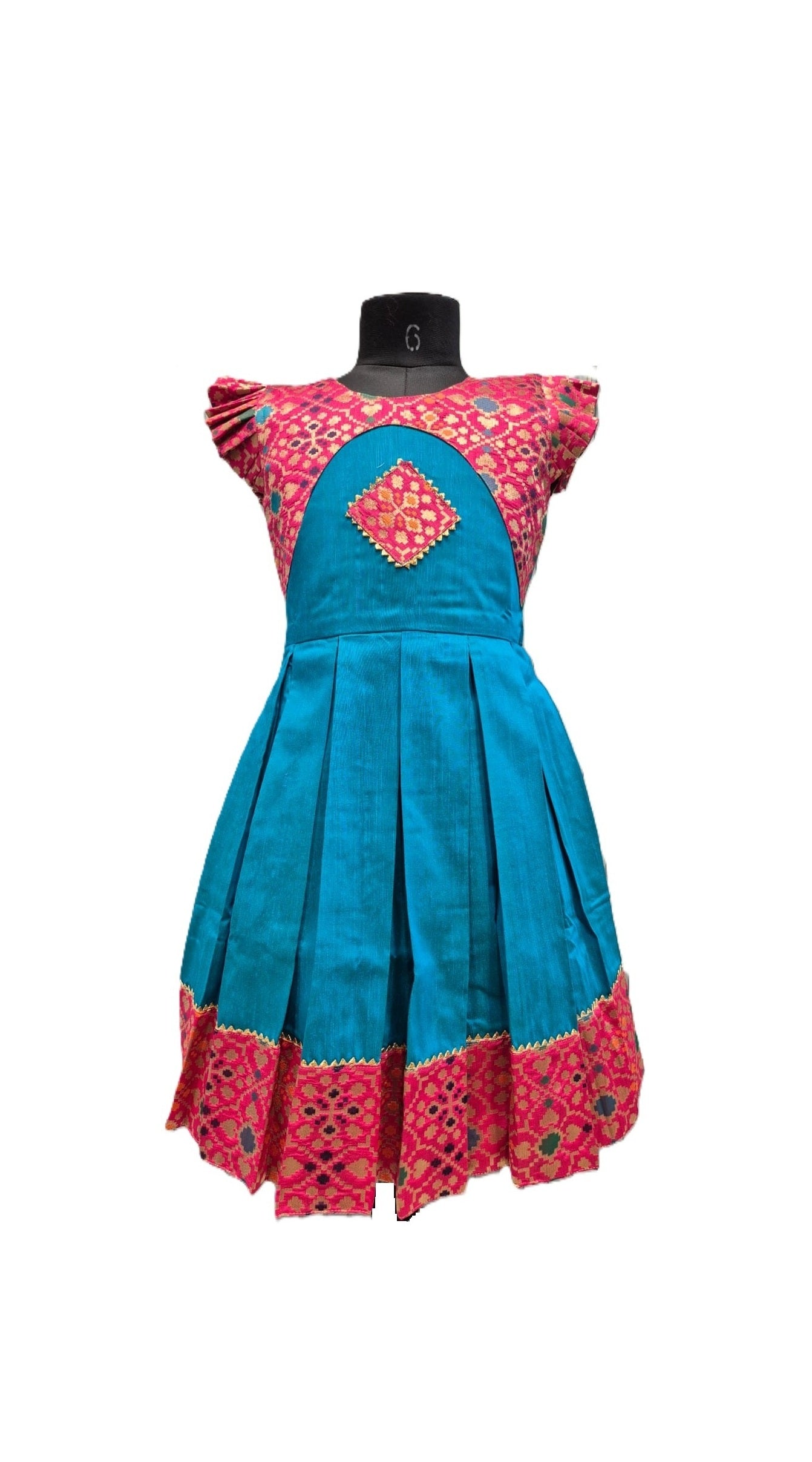 Teal and Pink Silk Pleated Frock with Patola-Style Yoke