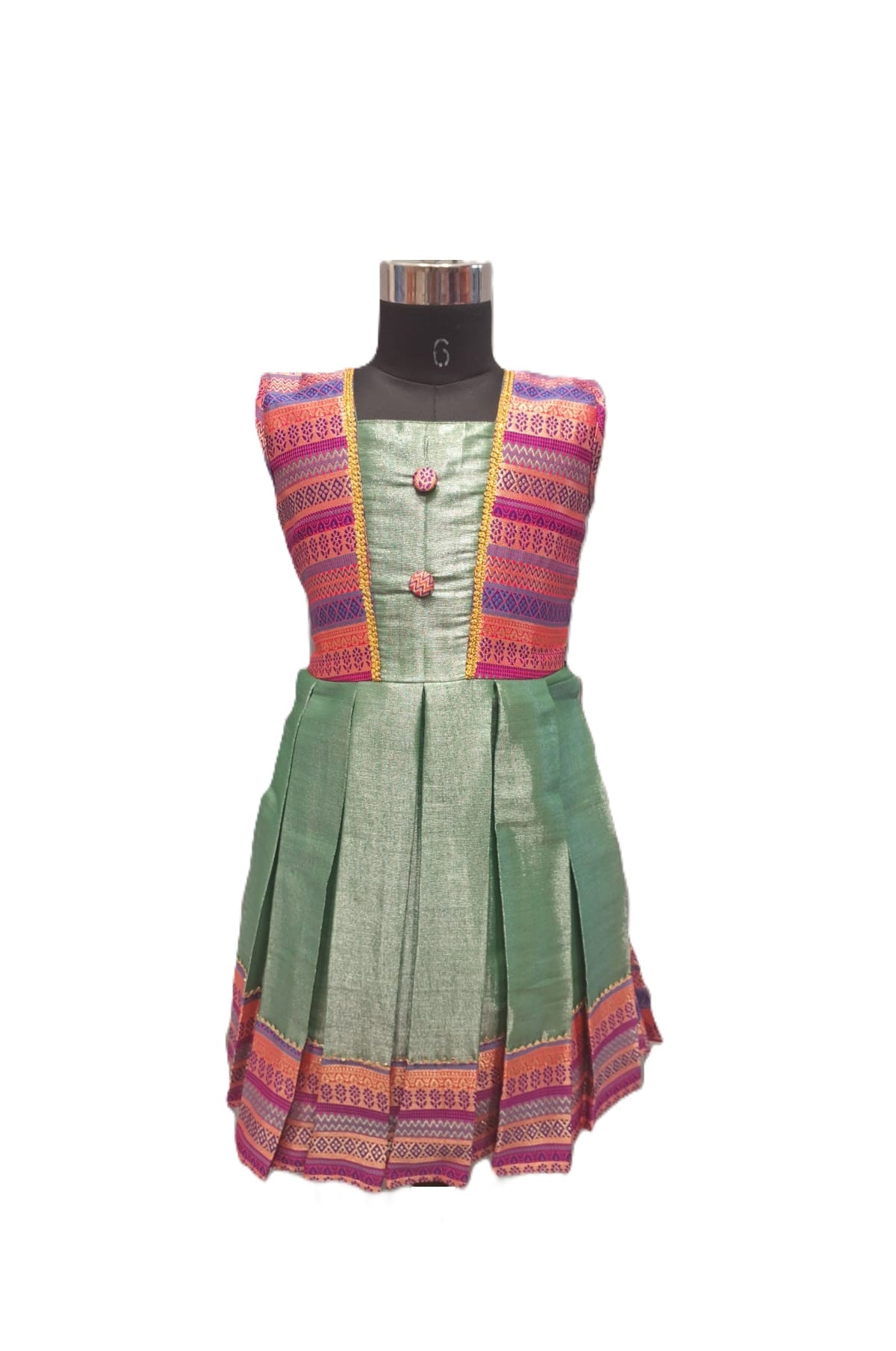 Rainbow brocade Striped Yoke Silk Frock in Sage Green