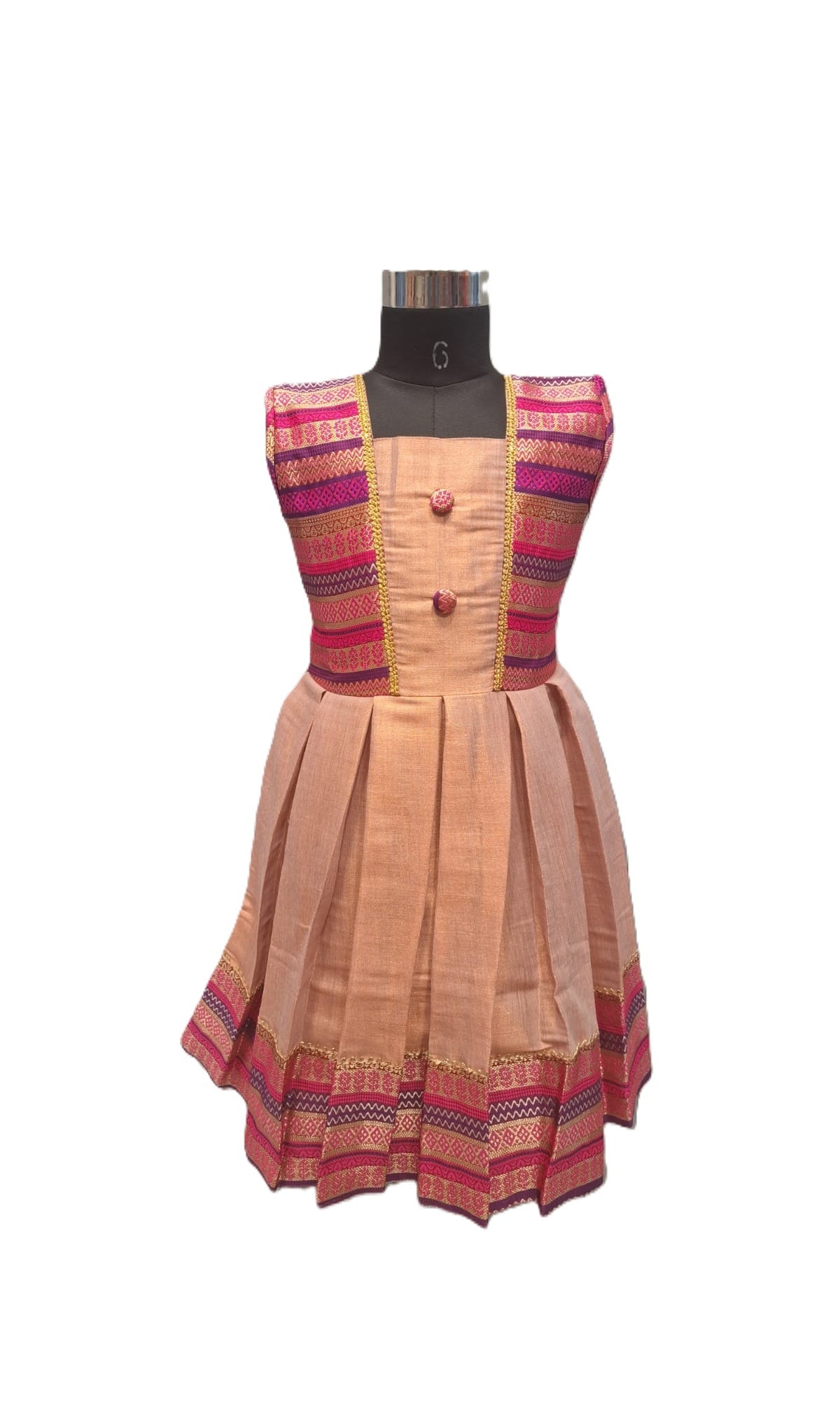 Blush Pink Silk Frock with Festive Magenta Striped Yoke