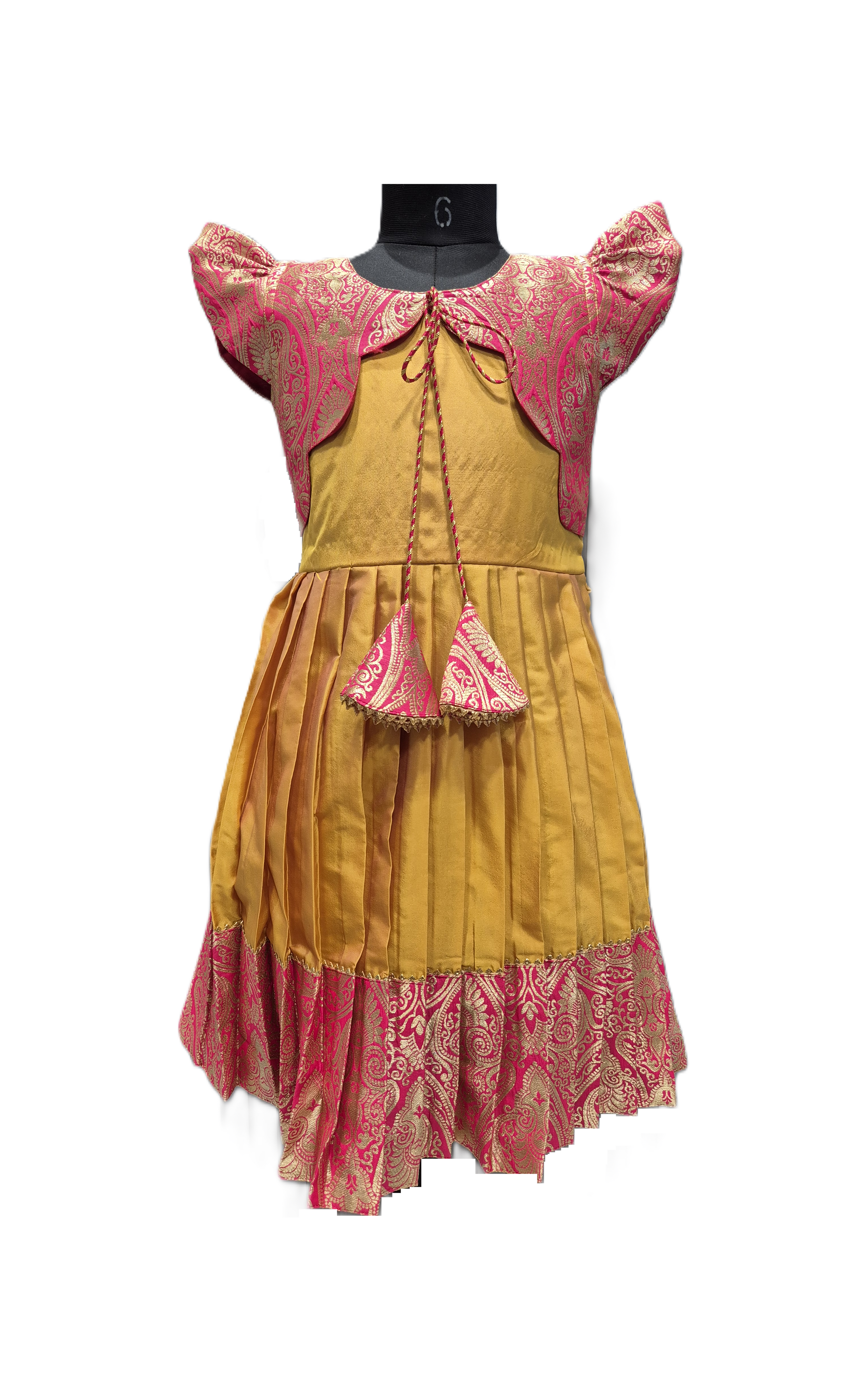 Designer Gold Silk Frock with Pink and Gold Brocade Jacket Style Yoke