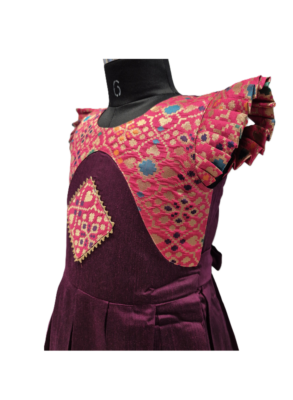 Royal Wine Silk Pleated Frock with Ethnic Yoke Design