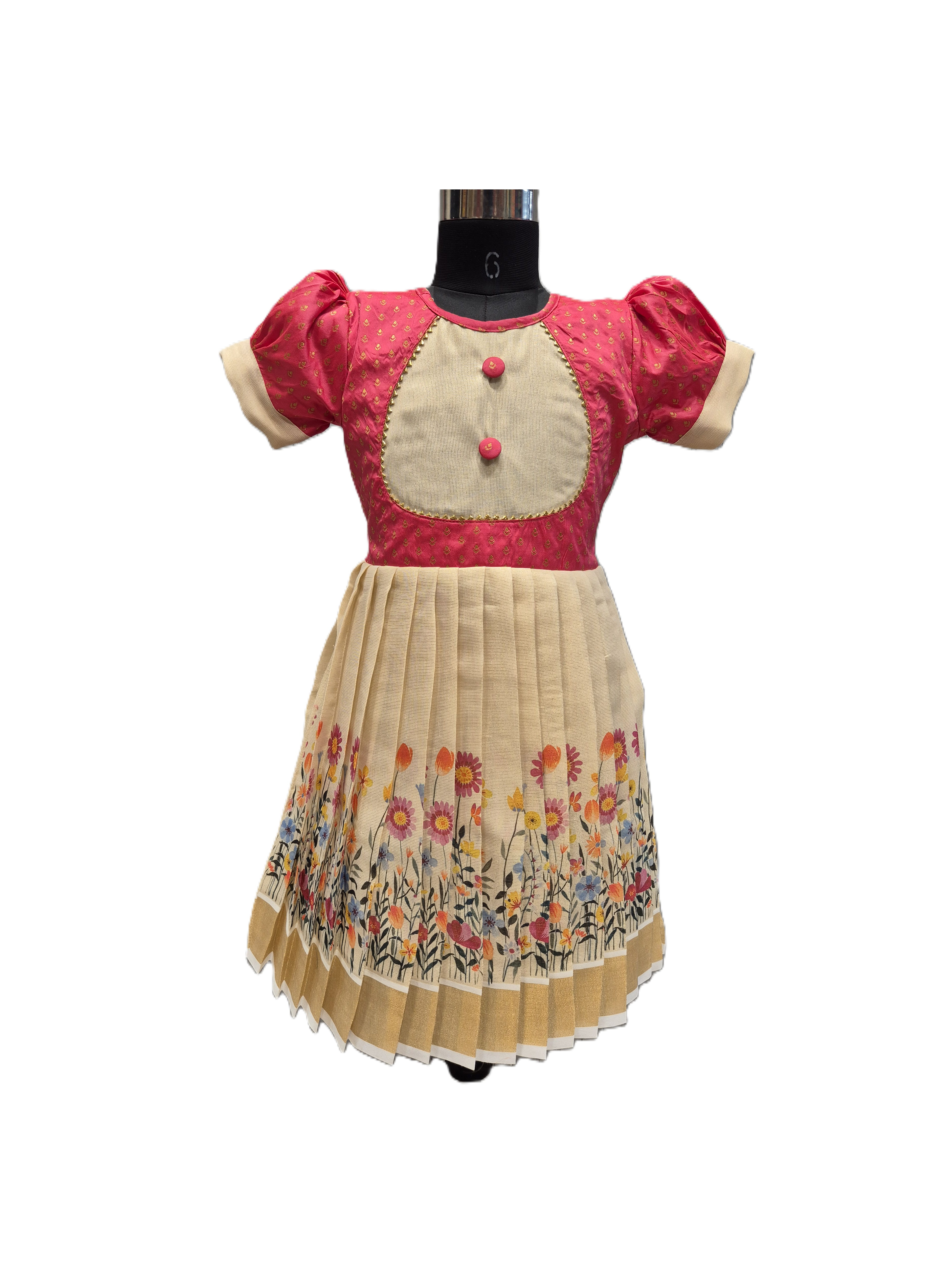 Vintage Puff Sleeve Silk Frock with Gold Zari Border