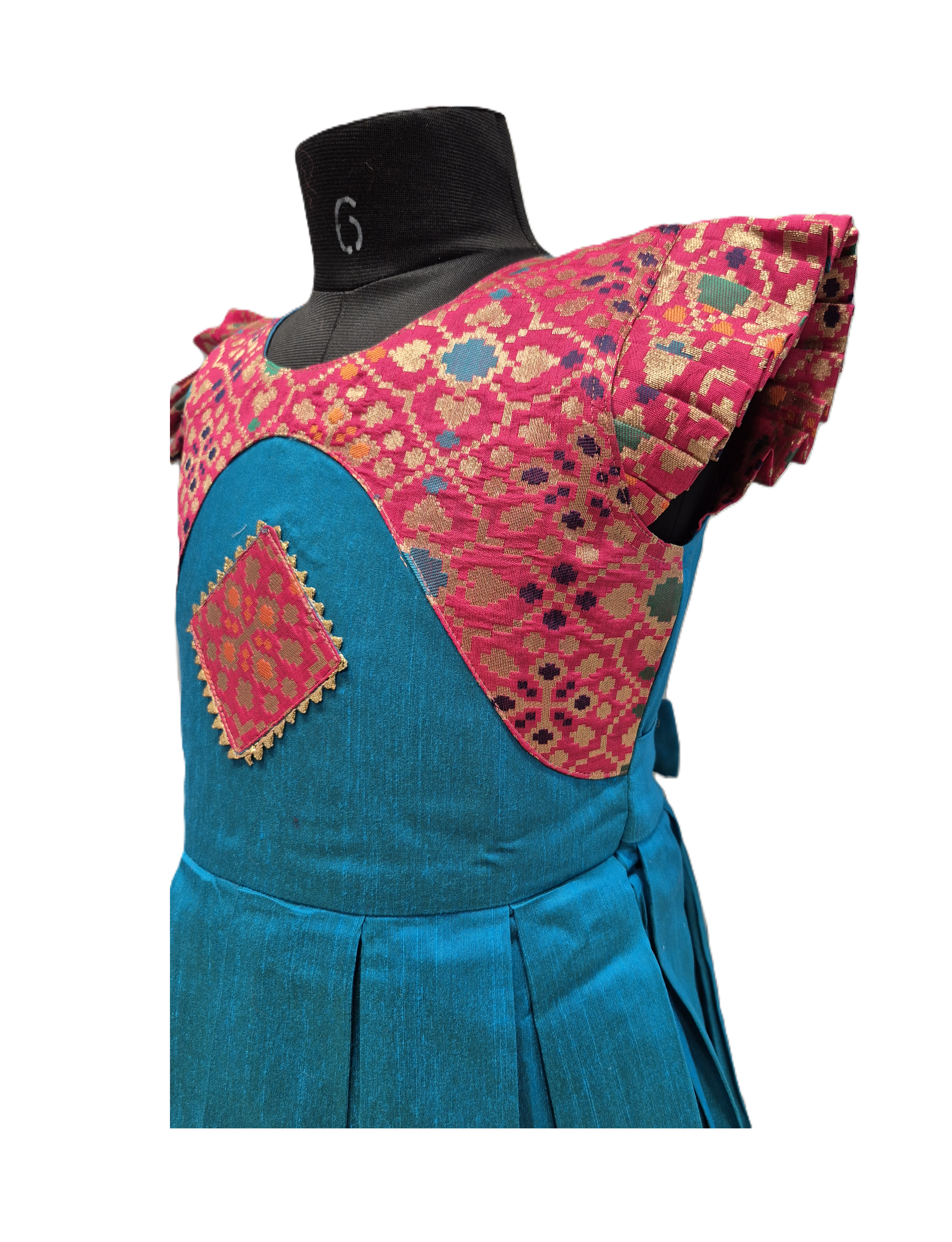 Teal and Pink Silk Pleated Frock with Patola-Style Yoke