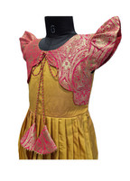 Designer Gold Silk Frock with Pink and Gold Brocade Jacket Style Yoke