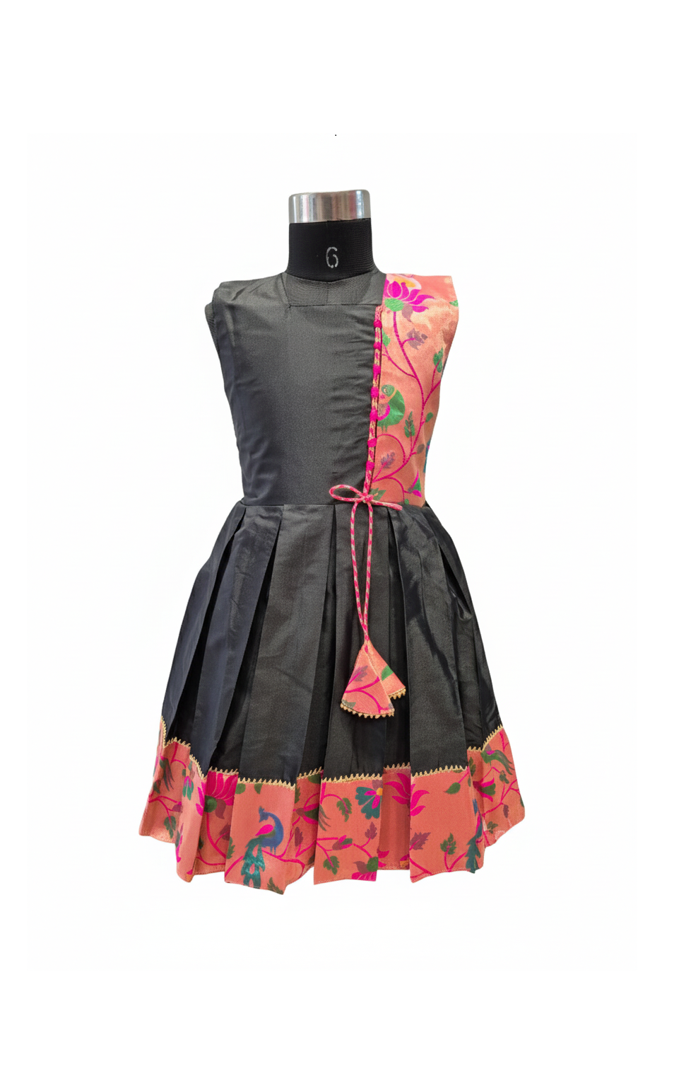 Chic Black Silk Frock with Asymmetrical Brocade Panel and Pleats