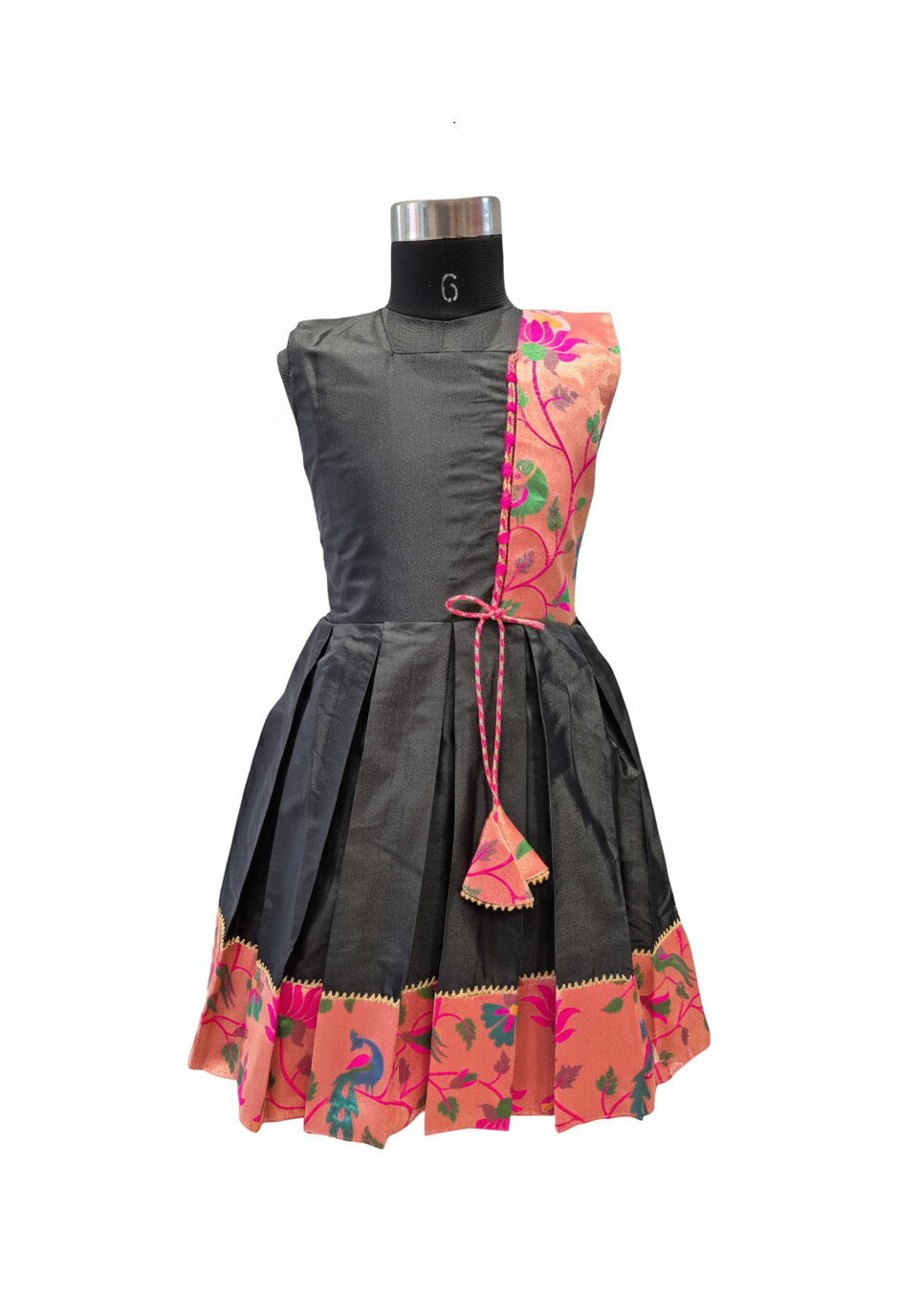 Chic Black Silk Frock with Asymmetrical Brocade Panel and Pleats