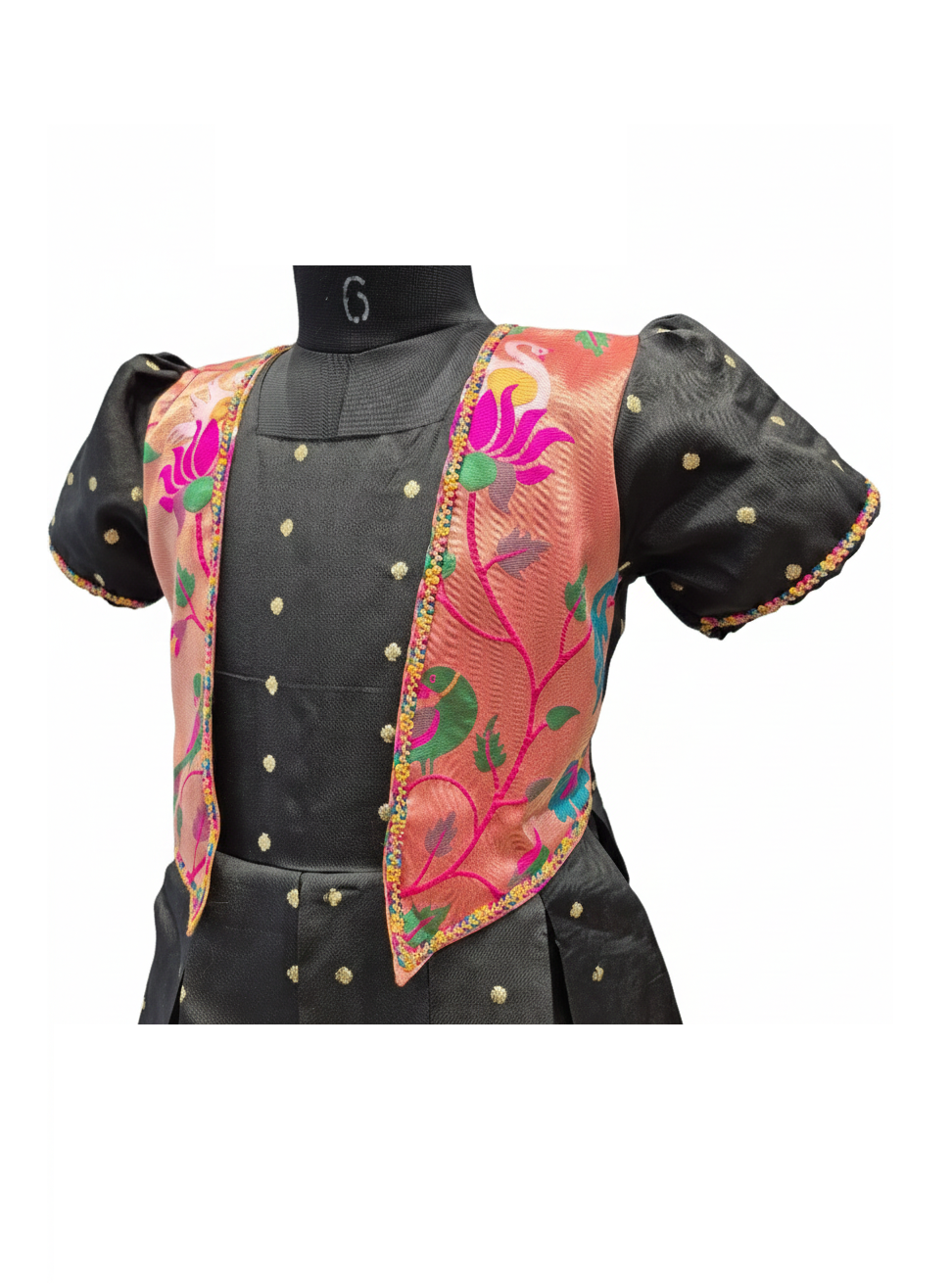 Black Pattu Silk Dress with Contrasting Floral Jacket