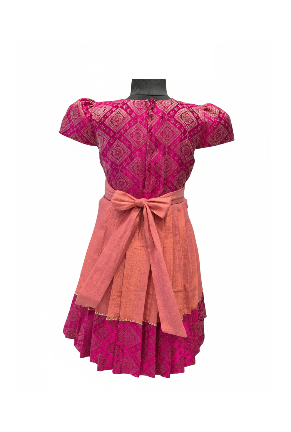 Festive Elegance: Rani Pink and Peach Silk Layered Frock
