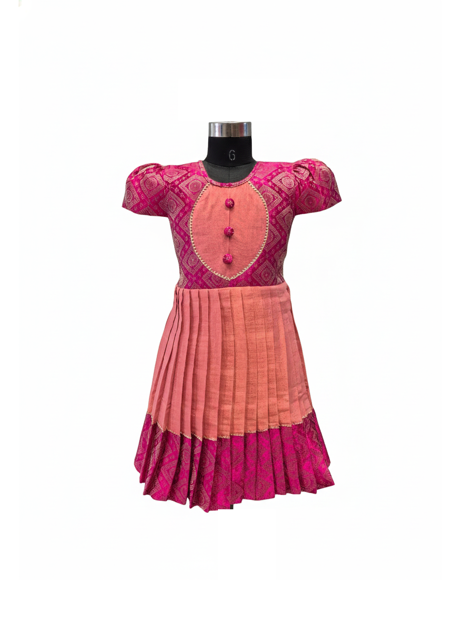 Festive Elegance: Rani Pink and Peach Silk Layered Frock