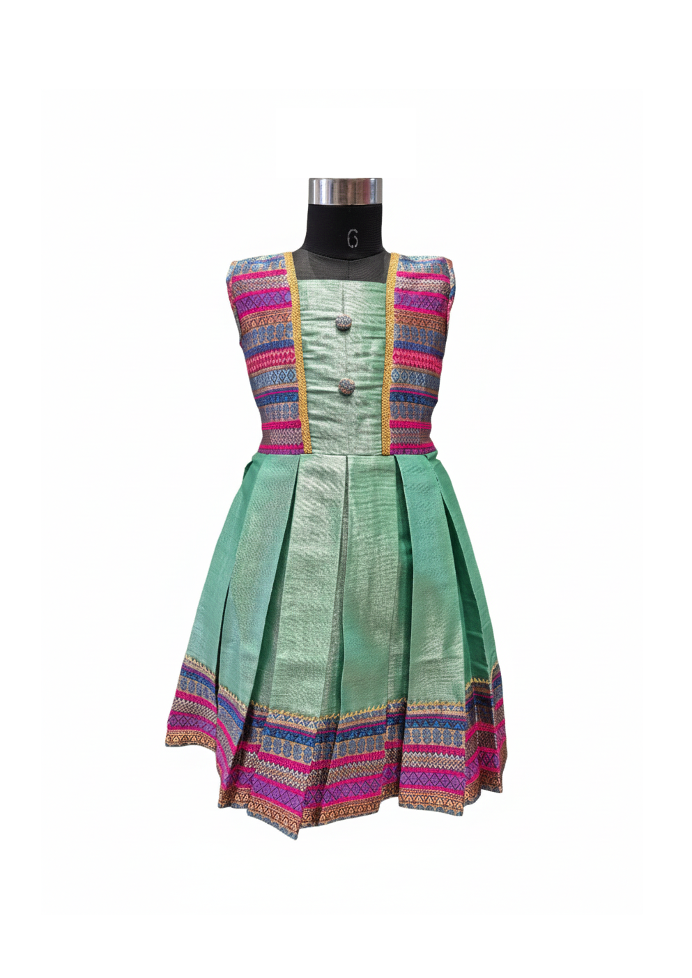 Mint Green Shimmer Silk Frock with Vibrant Geometric Woven Border