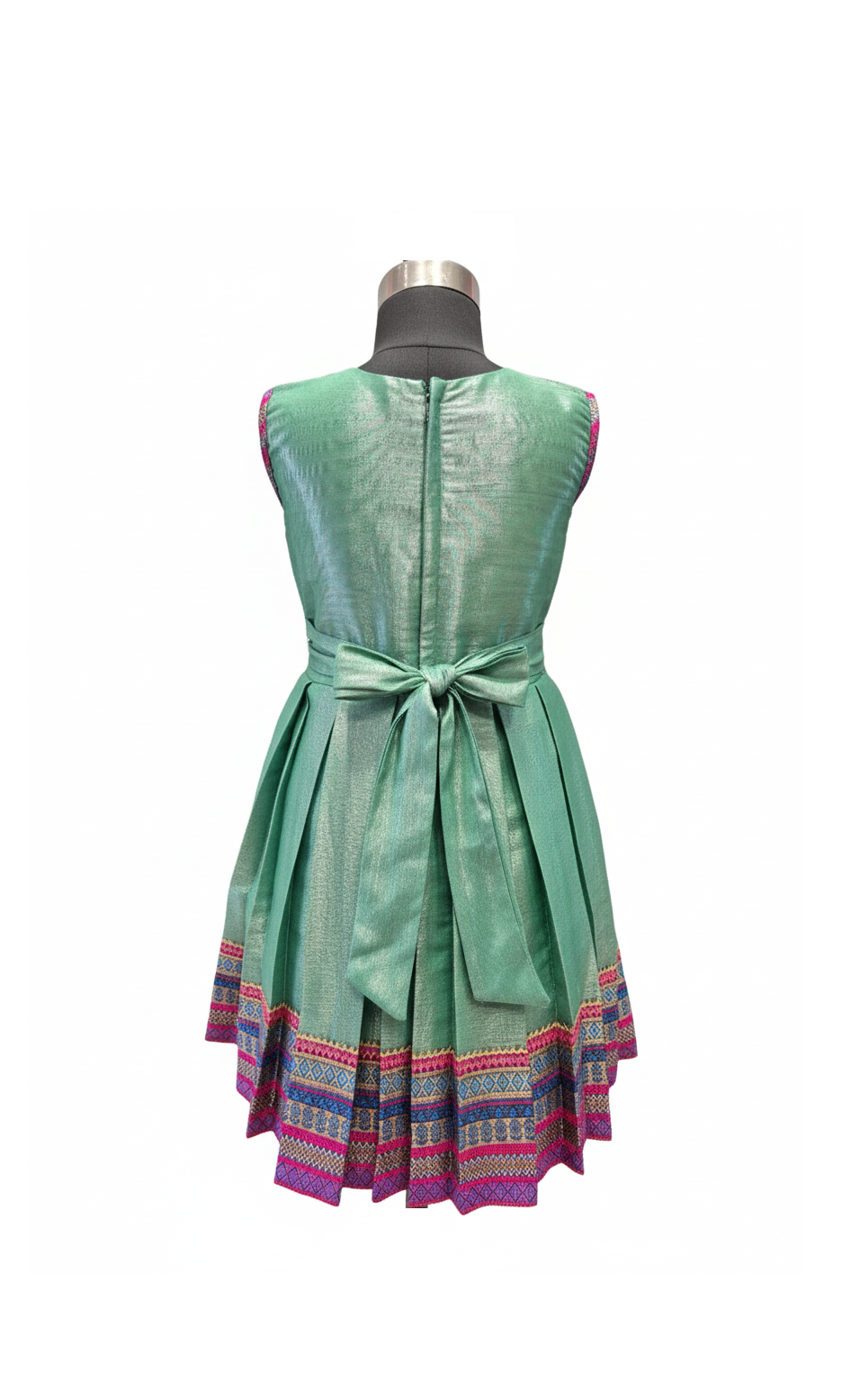 Mint Green Shimmer Silk Frock with Vibrant Geometric Woven Border