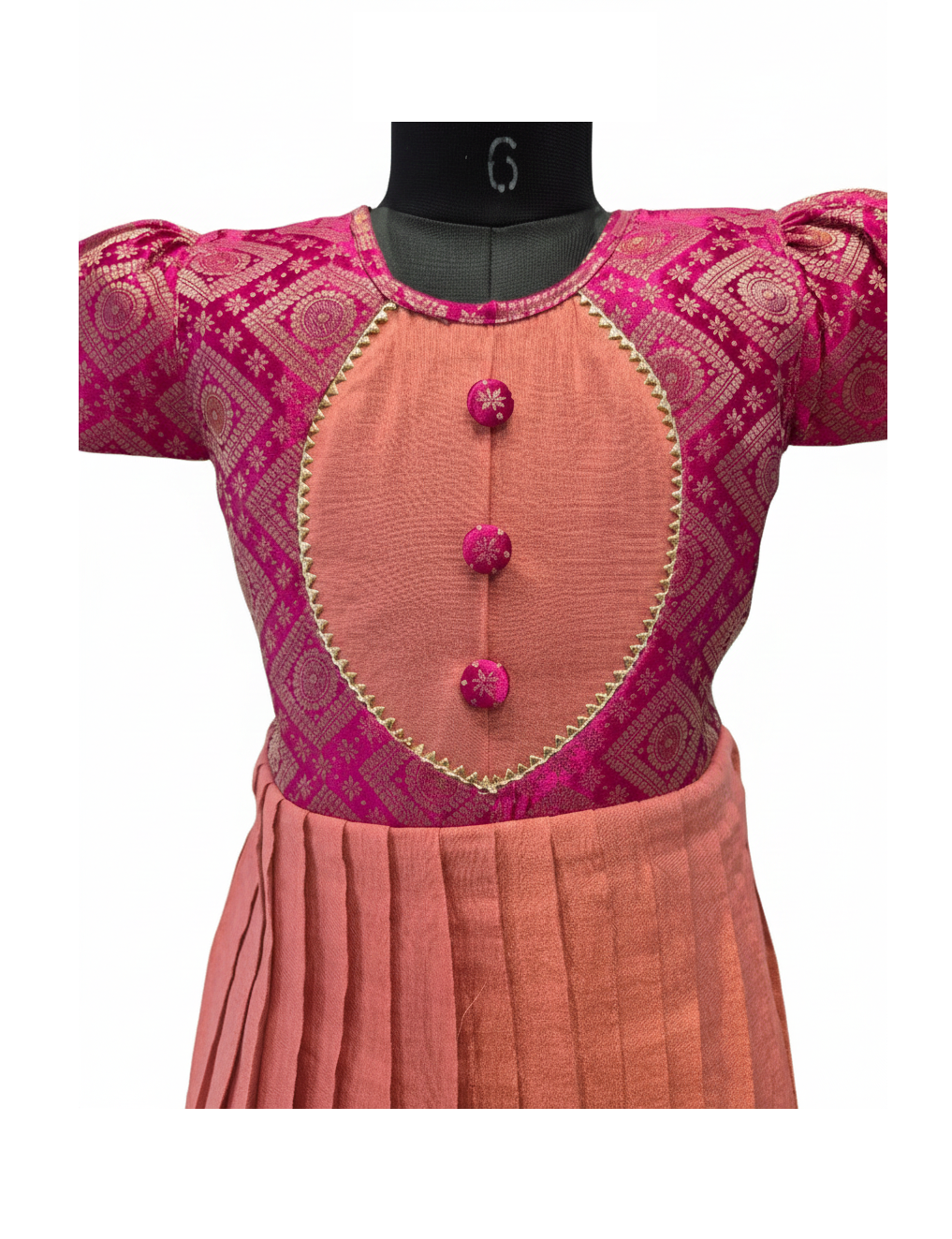 Festive Elegance: Rani Pink and Peach Silk Layered Frock