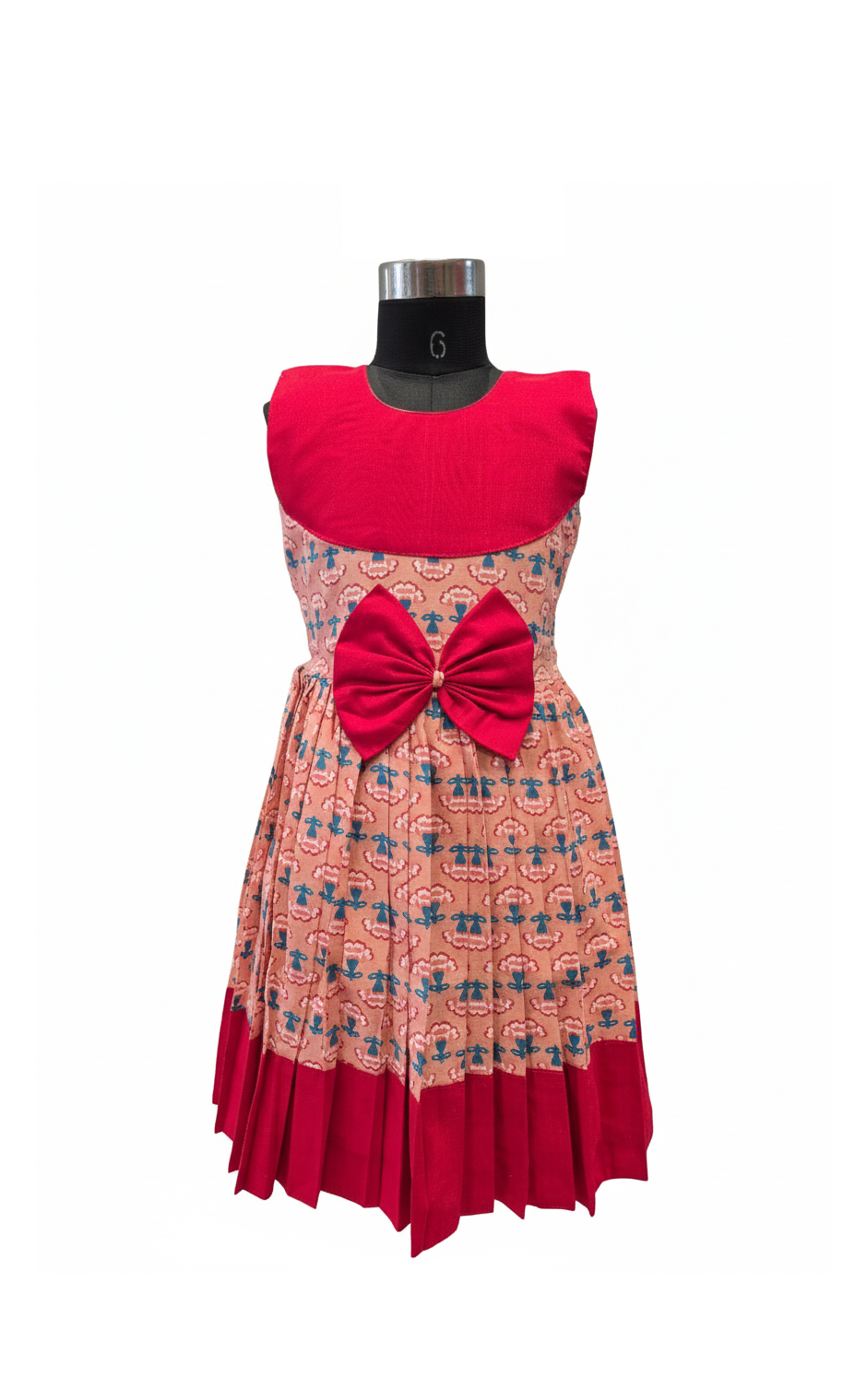 Sweetheart Style Peach Cotton Frock with Big Red Bow and Pleated Hem