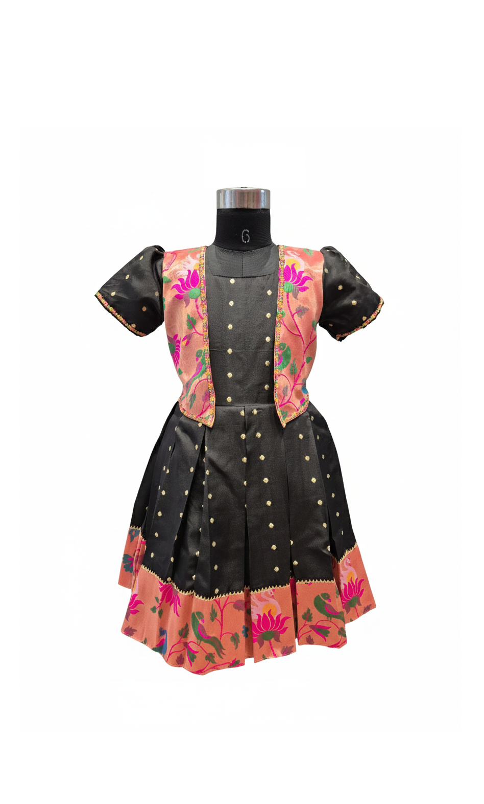 Black Pattu Silk Dress with Contrasting Floral Jacket