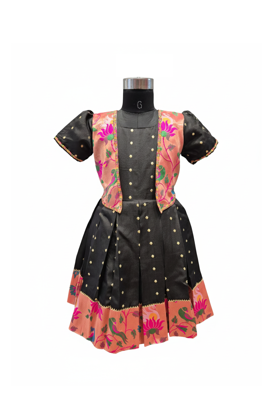 Black Pattu Silk Dress with Contrasting Floral Jacket