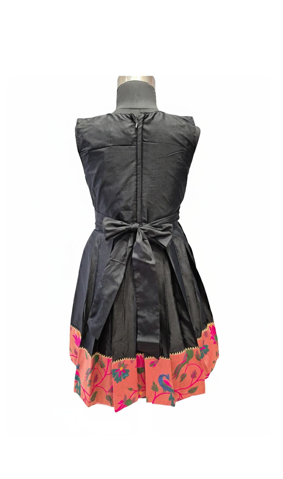Chic Black Silk Frock with Asymmetrical Brocade Panel and Pleats