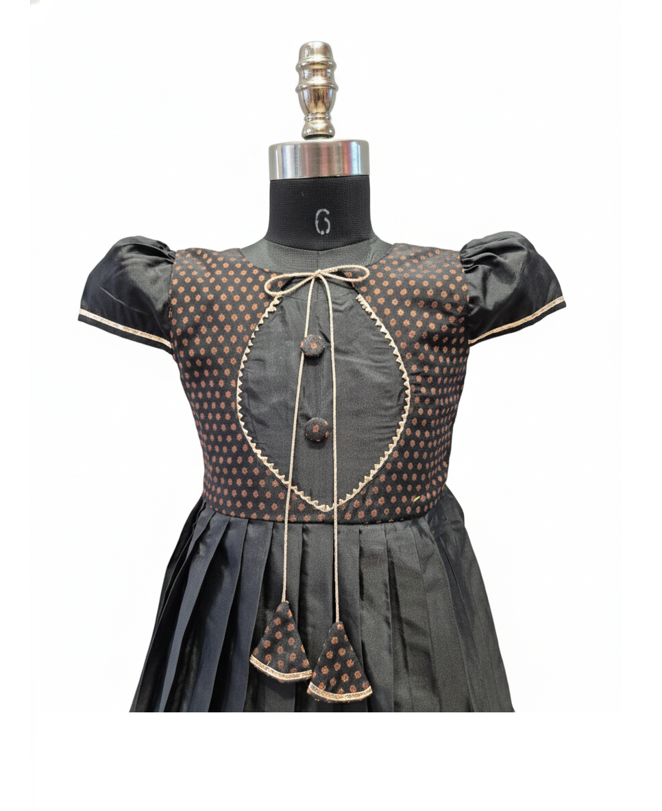 Party Wear: Sophisticated Black Frock with Contrast Dot Print Panels