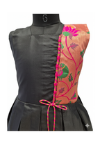 Chic Black Silk Frock with Asymmetrical Brocade Panel and Pleats