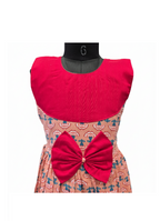 Sweetheart Style Peach Cotton Frock with Big Red Bow and Pleated Hem