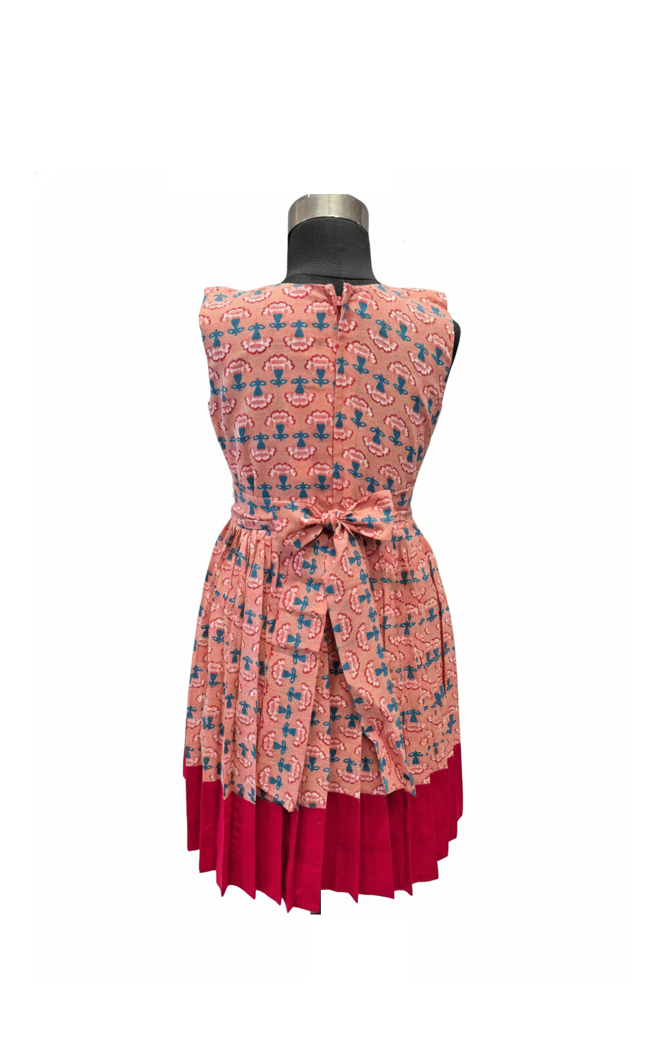 Sweetheart Style Peach Cotton Frock with Big Red Bow and Pleated Hem