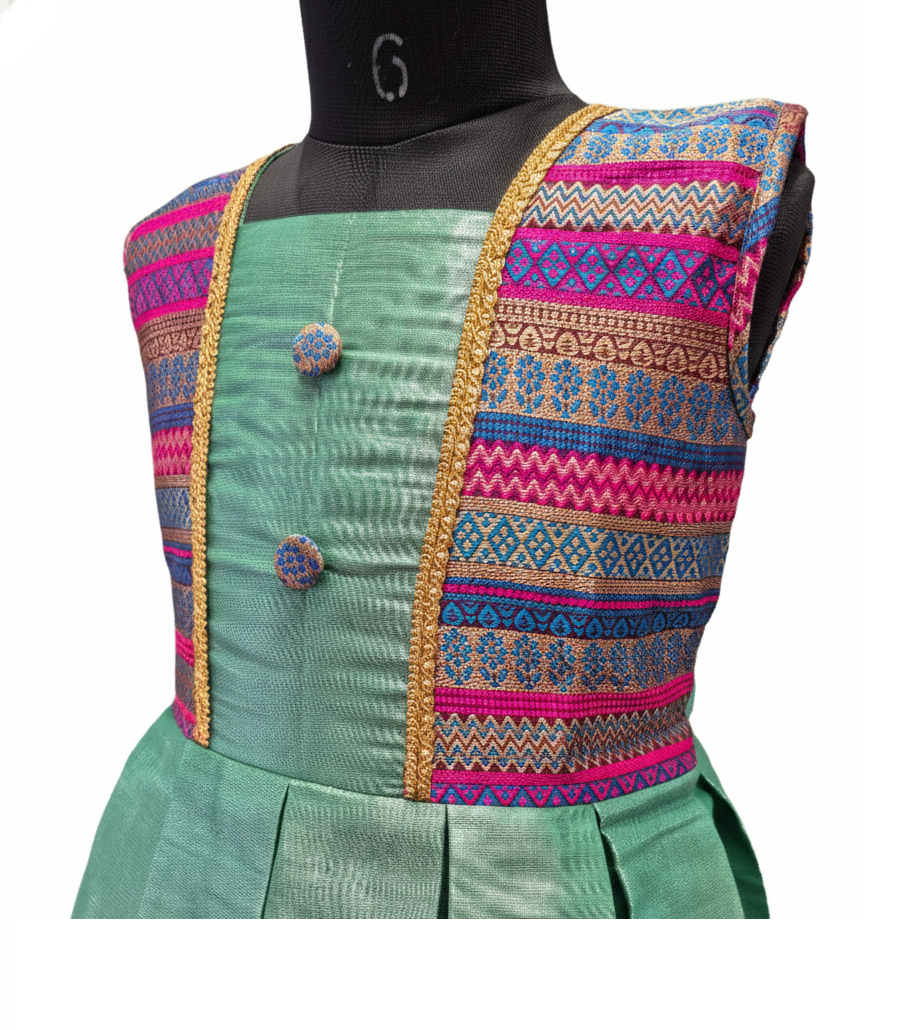 Mint Green Shimmer Silk Frock with Vibrant Geometric Woven Border