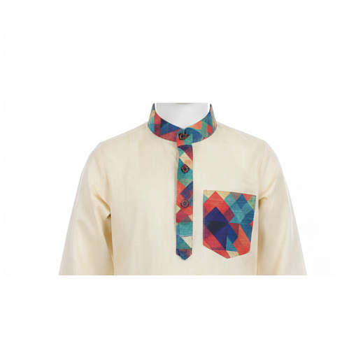 Boys' Silk Blend Cream Kurta with Modern Contrast Details