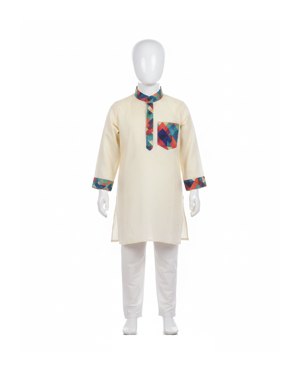 Boys' Silk Blend Cream Kurta with Modern Contrast Details
