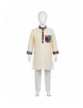 Boys' Silk Blend Cream Kurta with Modern Contrast Details