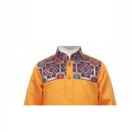 Vibrant Orange Kurta Pajama Set with Purple Geometric Yoke