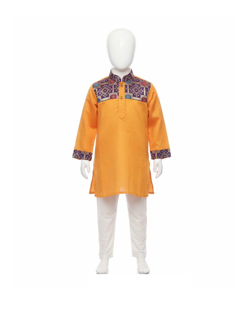 Vibrant Orange Kurta Pajama Set with Purple Geometric Yoke
