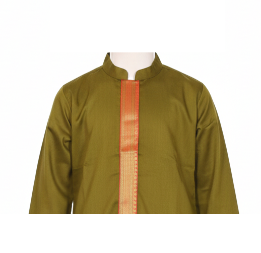 Olive Green Kurta Pajama Set with Contrast Zari Placket