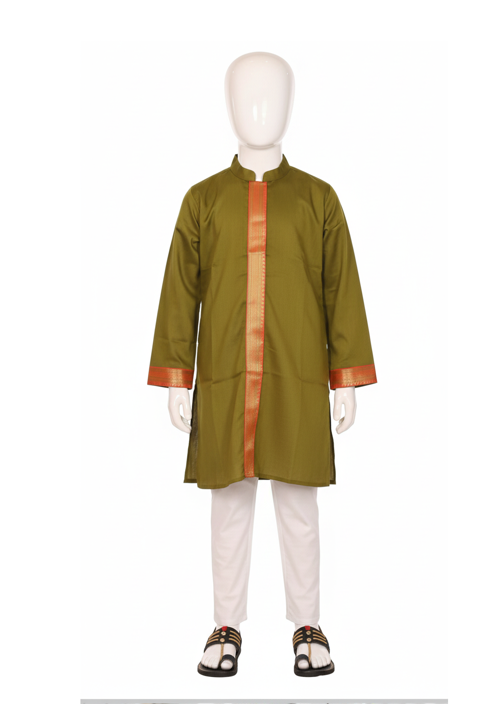 Olive Green Kurta Pajama Set with Contrast Zari Placket