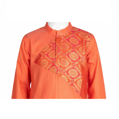 Boys' Festive Orange Silk Blend Kurta with Traditional Zari Work