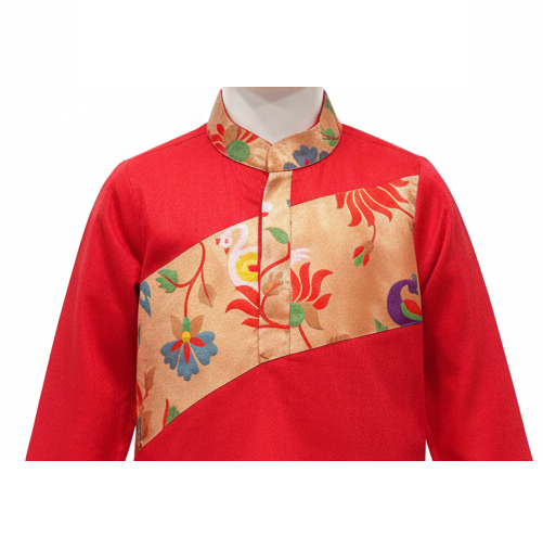 Festive Red Kurta Pajama Set with Asymmetric Gold Floral Yoke