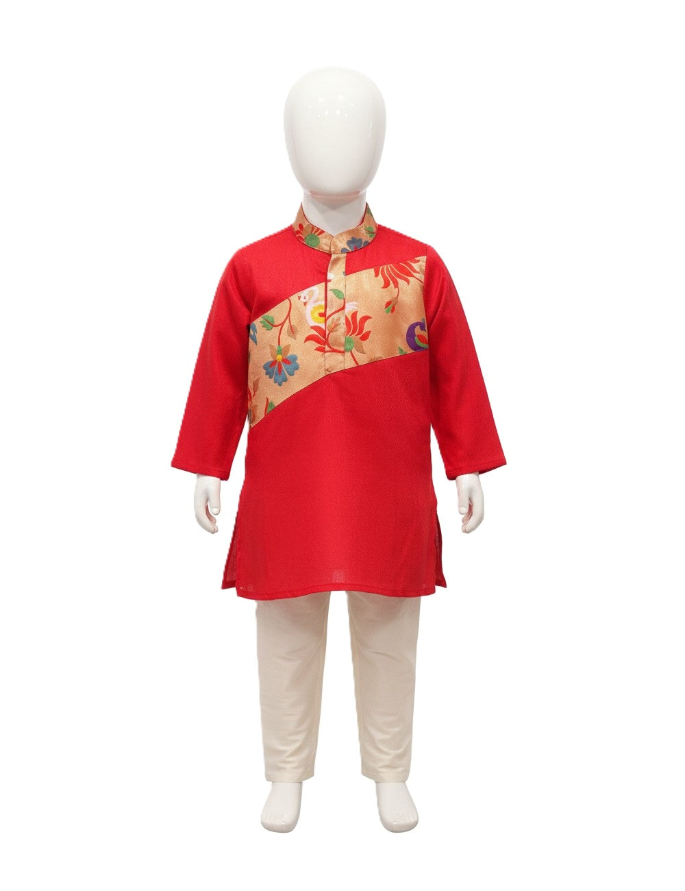 Festive Red Kurta Pajama Set with Asymmetric Gold Floral Yoke