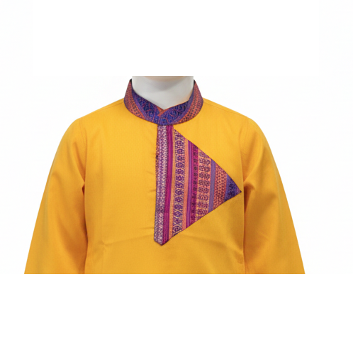 Mustard Yellow Kurta Set with Triangular Pink & Purple Striped Yoke